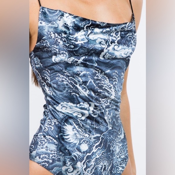 Bear Dance Y2K Cowl Neck Dragon Print Satin Bodysuit - Picture 4 of 6